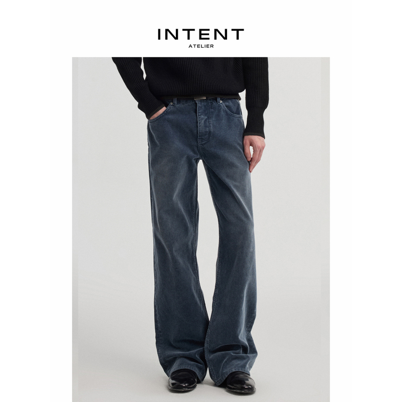 Intent Mist-Colored Washed Mid-Waist Straight-Leg Casual Slim-Fit Trousers 380g Pure Cotton Heavyweight Corduroy Fabric Intent Mist-Colored Washed Mid-Waist Straight-Leg Casual Slim-Fit Trousers 380g Pure Cotton Heavyweight Corduroy Fabric