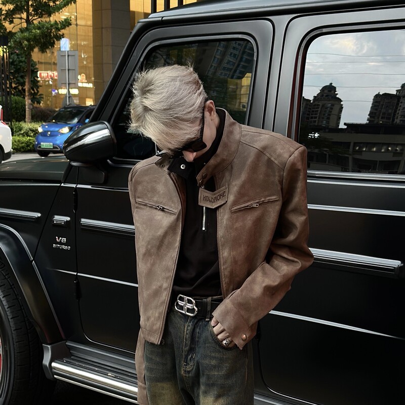 American Retro Motorcycle Zipper Jacket for Men and Women, Autumn and Winter High-End Leather Jacket, Cool and Stylish, Distressed Brown Short Jacket, Trendy
