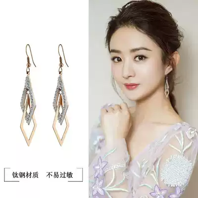 Korean version of the new titanium steel rose gold diamond-encrusted long version of geometric earrings wild temperament hollow double ring diamond earrings women