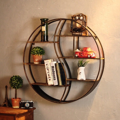 European-style living room wall hanging wrought iron rack creative retro clapboard solid wood bookshelf wall wall decoration round display rack
