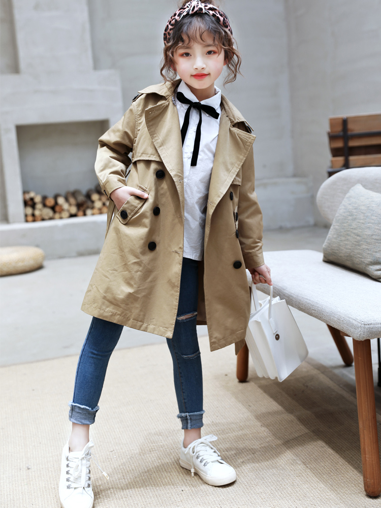 Girls ' windbreaker medium and long version of 2021 autumn new Korean version of the Foreign school coat Children's long version of the fashionable fashion coat women's coat