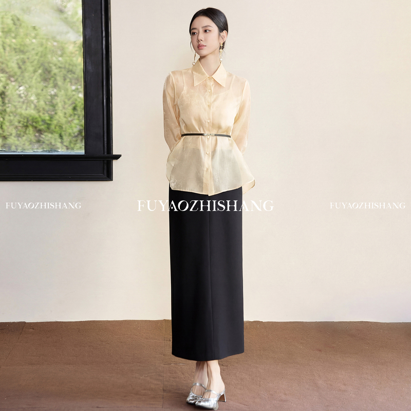 Fuyao Soaring to New Heights: Light Luxury New Chinese Style Women's Shirt, 100% Mulberry Silk Jacquard Shirt, Long Sleeve Loose Top
