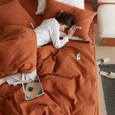 High-end light luxury four-piece cotton cotton waffle washed cotton bed sheet duvet cover bed product summer simple bed