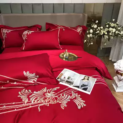 High-end bedding gold embroidery tribute satin wedding dowry six four-piece set wedding happy wedding wedding big red bedding