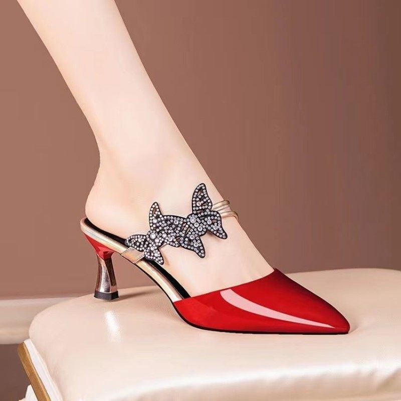 Baotou half slippers 2022 new style sandals for women summer wear rhinestone flower butterfly comfortable all-match pointed high heels