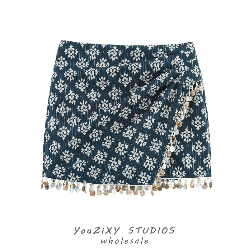 European and American Style New Women's Fashion Retro Pleated Beaded Printed Skirt Pants Short Skirt for Women 8514051