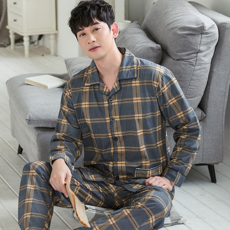 pajamamen trung niên dài tay áo bông mùa xuân mùa thu quần áo nhà mỏng có thể mặc thêm kích thước cha cardigan phù hợp.