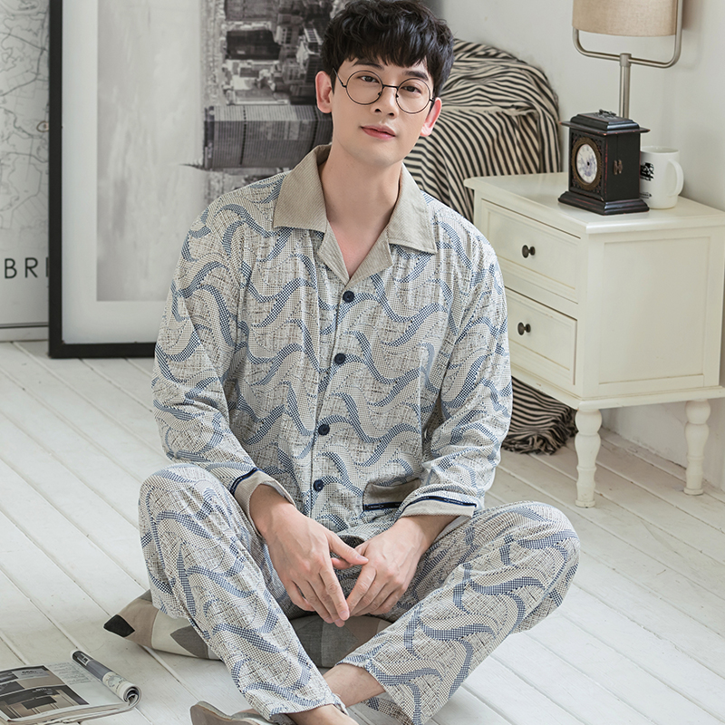 pajamamen trung niên dài tay áo bông mùa xuân mùa thu quần áo nhà mỏng có thể mặc thêm kích thước cha cardigan phù hợp.