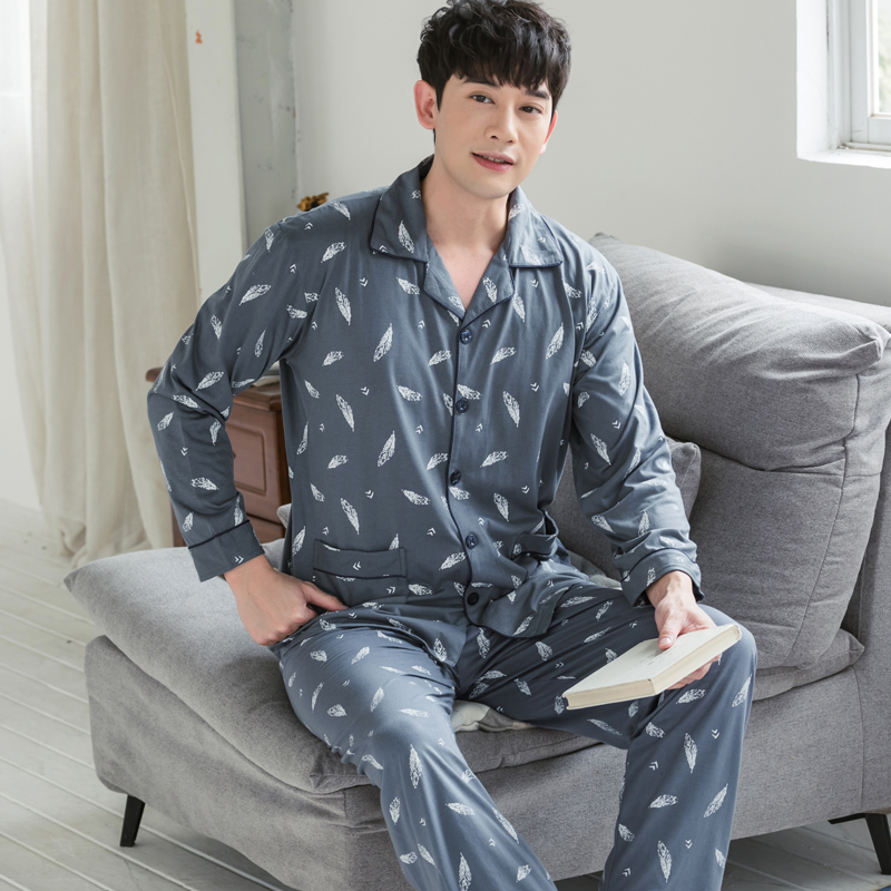 pajamamen trung niên dài tay áo bông mùa xuân mùa thu quần áo nhà mỏng có thể mặc thêm kích thước cha cardigan phù hợp.