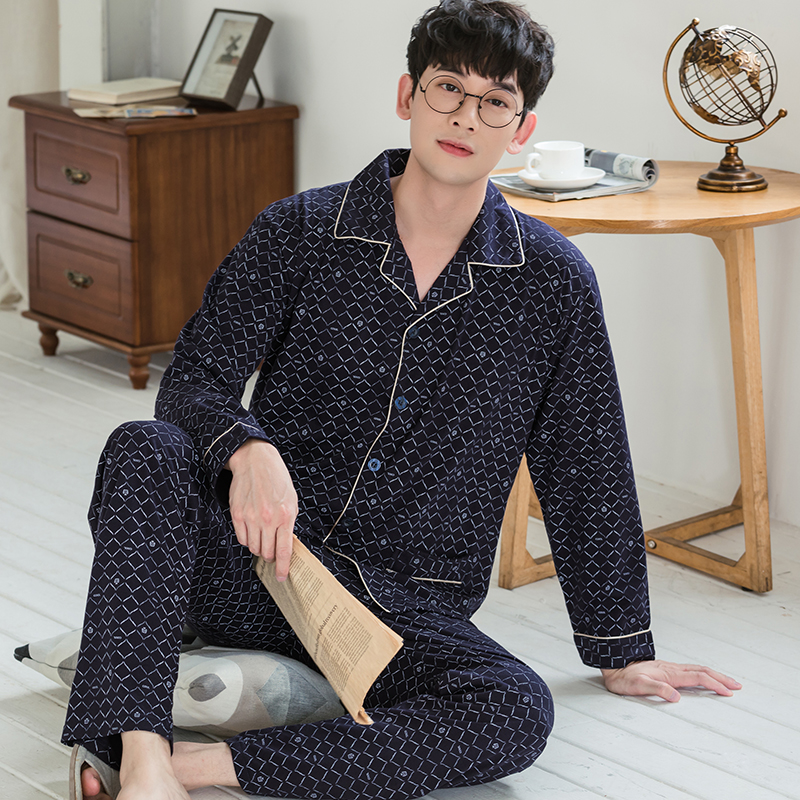 pajamamen trung niên dài tay áo bông mùa xuân mùa thu quần áo nhà mỏng có thể mặc thêm kích thước cha cardigan phù hợp.