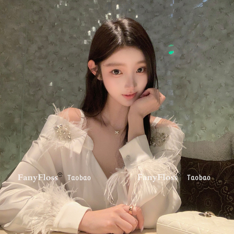 Fanyfloss Elegant White Feather Studded Loose-Fitting Ol Shirt with Off-Shoulder Sequin Skirt Set for Women