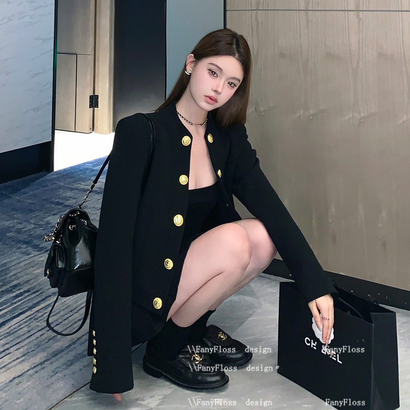 Fanyfloss Chanel-Style Black Tweed Round-Neck Slim-Fit Blazer for Women with Gold Buttons, Short Wool Cardigan Fanyfloss Chanel-Style Black Tweed Round-Neck Slim-Fit Blazer for Women with Gold Buttons, Short Wool Cardigan
