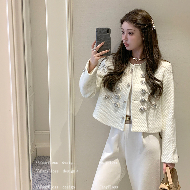 Fanyfloss Design-Inspired Pearl Woolen Loose Short Coat for Women, Light Luxury Beaded Tweed Round Neck Cardigan