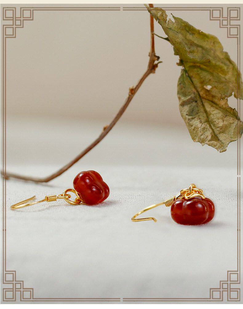 товар из китая 新中式古风汉服耳饰925银镶玉髓耳钩柿柿如意红玛瑙耳环女友礼物