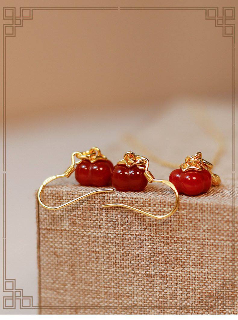 товар из китая 新中式古风汉服耳饰925银镶玉髓耳钩柿柿如意红玛瑙耳环女友礼物