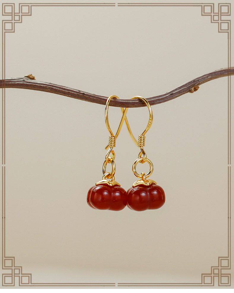 товар из китая 新中式古风汉服耳饰925银镶玉髓耳钩柿柿如意红玛瑙耳环女友礼物