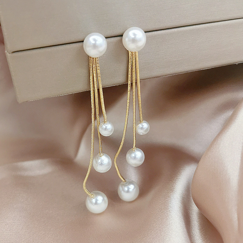2021 new pearl earrings female tide Korea 925 silver needle multilayer long version flow sueared 100 lap net red earrings