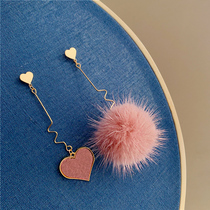 Autumn and winter personality asymmetry pink hair ball earrings female retro Super fairy mink hair peach heart ear studs earrings earrings tide