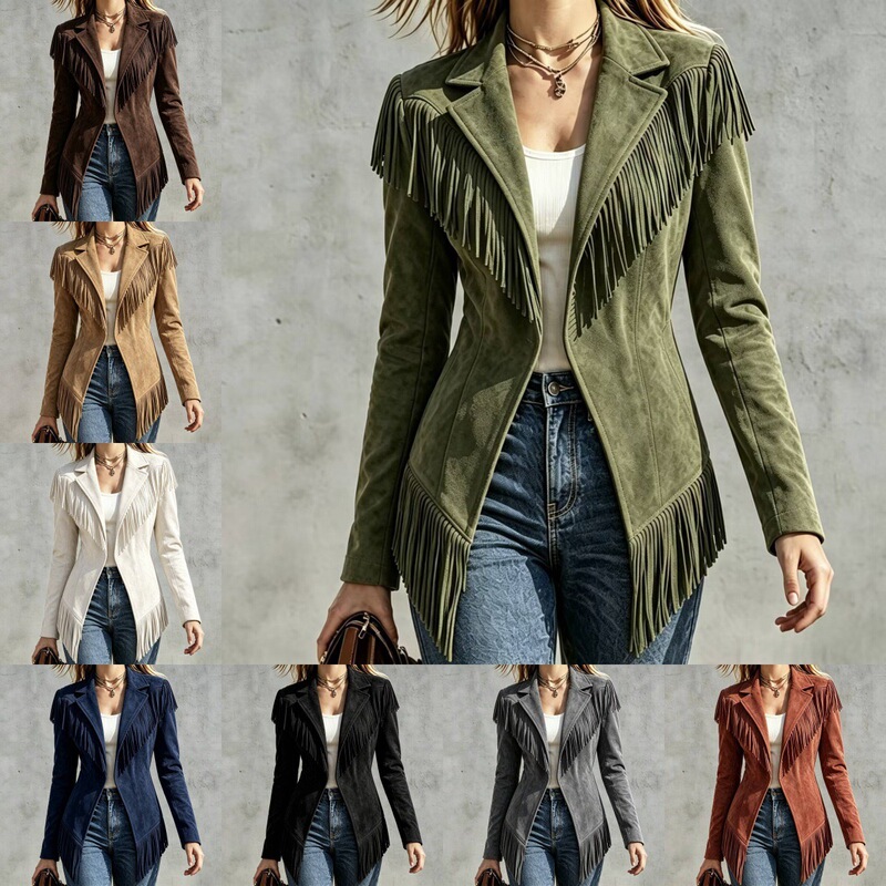 Western Retro Tassel Blazer for Women, Suede Lapel, Waist-Cinching, Slimming Jacket, Prairie Travel Vibe Top Western Retro Tassel Blazer for Women, Suede Lapel, Waist-Cinching, Slimming Jacket, Prairie Travel Vibe Top