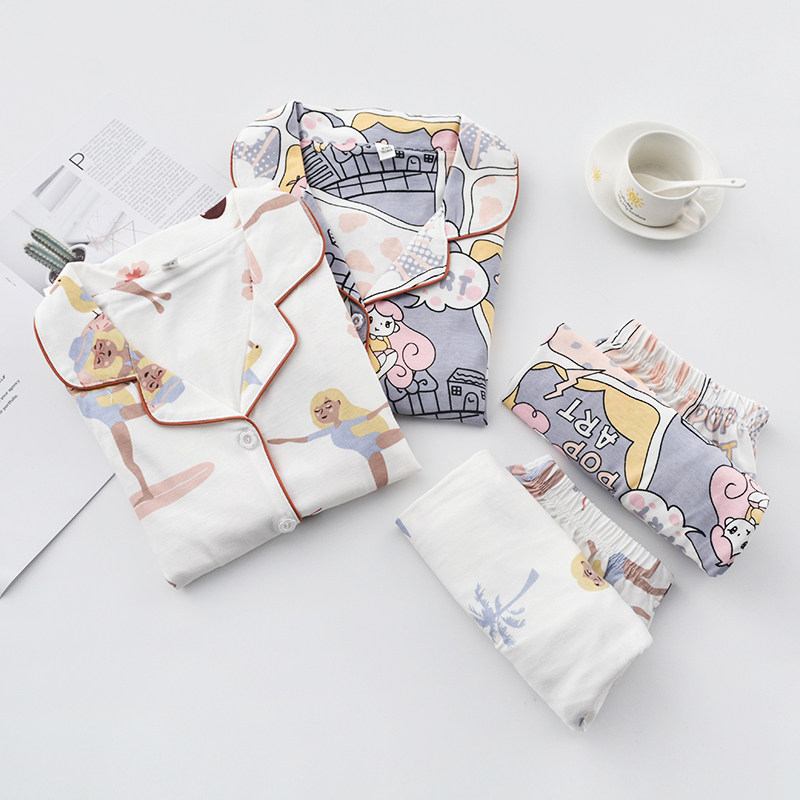 Strong ~ design sense Printed pajamas women's autumn and winter cotton long-sleeved loose lapel spring cotton homewear suit