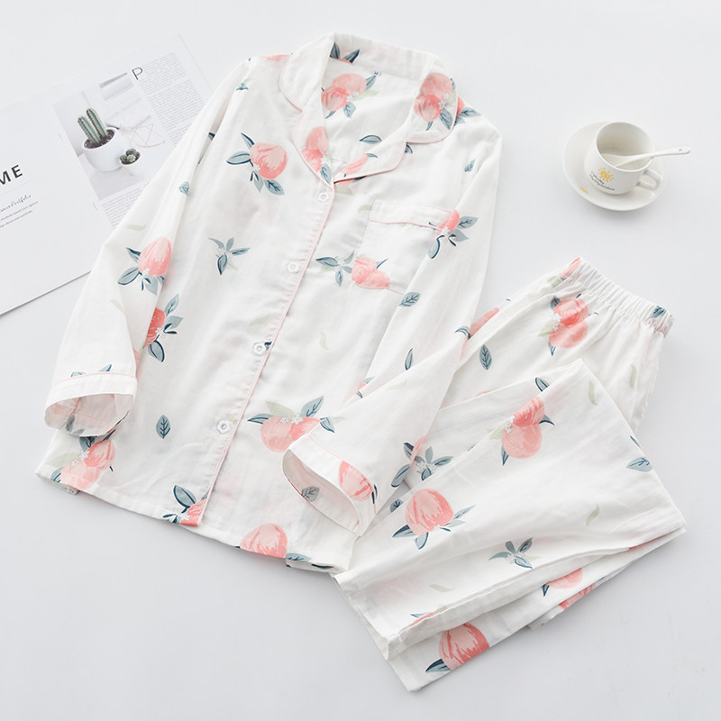 Fresh peach soft gauze pajamas women's long-sleeved cotton spring and summer thin loose Japanese homewear suit