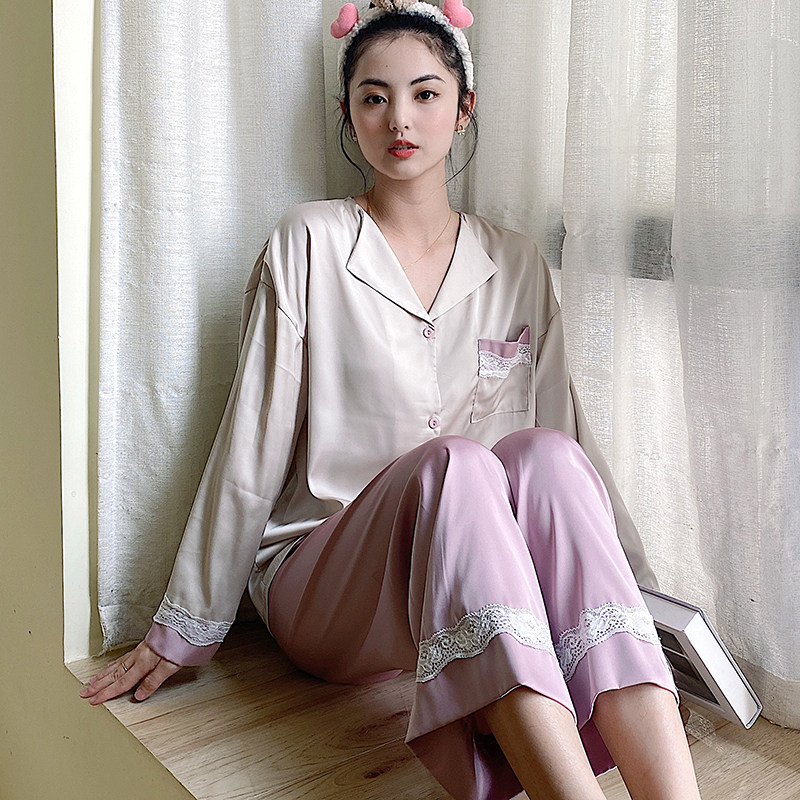 Love high-end ice silk pajamas women's long-sleeved summer thin simulation silk youth simple spring and autumn homewear suit