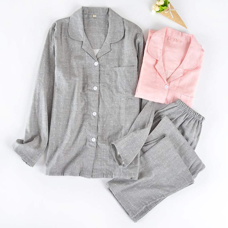 Simple style couple pyjamas spring male and female long sleeve cotton gauze Japanese loose spring and autumn cotton home suit