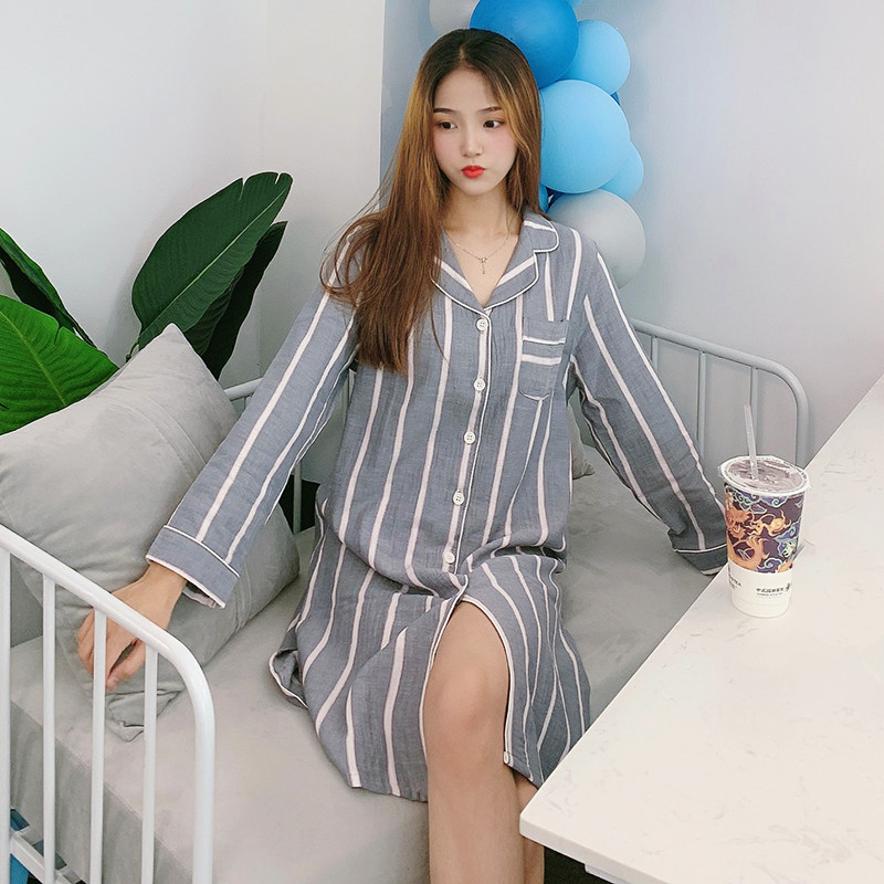 Caustic Temperament Soft Color Weave Gauze Sleeping Skirt Woman Summer Long Sleeves Mid Loose Day Ensemble Pure Cotton Home Pyjamas