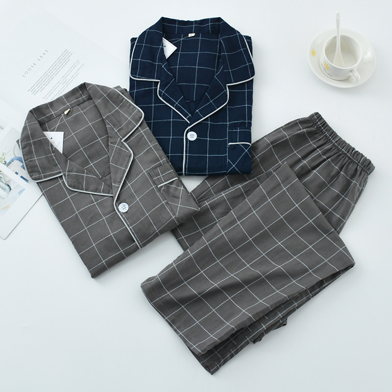 Strong Recommendation Day Family Plaid Pyjamas Male Summer Short Sleeve Long Pants Pure Cotton Double Layer Gauze Thin home Suit Suit