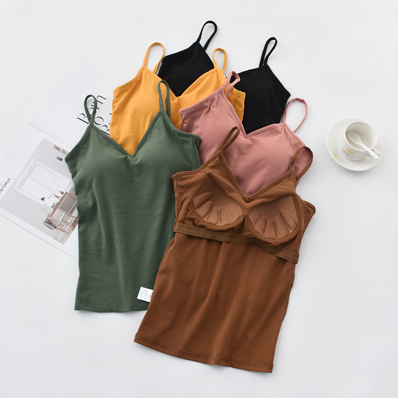 Self-retained cotton camisole women's belt chest pad versatile cup integrated spring and autumn summer beautiful back inner layering bottom