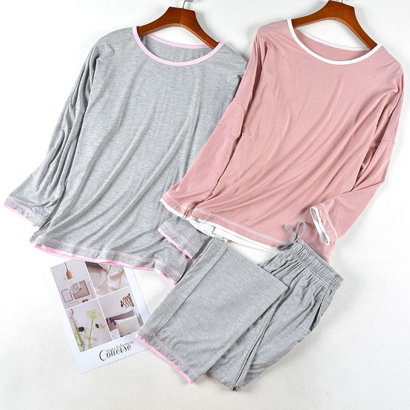 Elastic modal pajamas women's spring and autumn long-sleeved thin round neck pullover two-piece loose summer home wear set