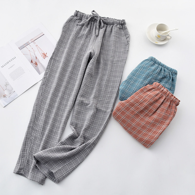 Scarce Goods Couple Styles Gauze Pajama Pants Women's Spring and Autumn Trousers Japanese Plaid Loose Men's Cotton Home Pants