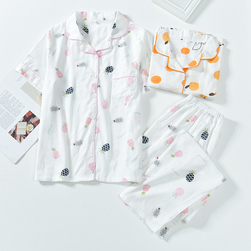 Day Department Gauze Pajamas Woman Summer Short Sleeve Long Pants Pure Cotton Double Layer Thin Loose Printed Summer Home Suit Suit