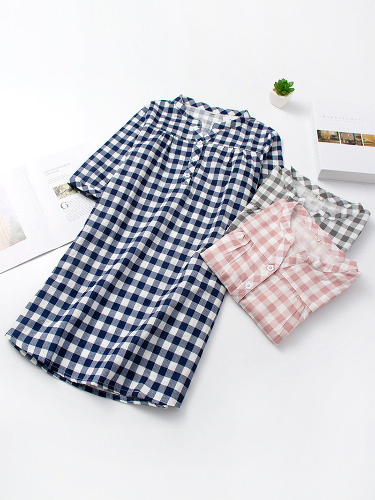 Plaid night dress women's mid-sleeve mid-skirt summer thin cotton double gauze Japanese loose cotton pajamas home clothes