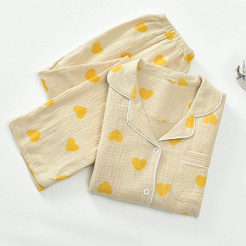 Full of love gauze pajamas women's spring and autumn cotton long-sleeved trousers two-piece lapel Japanese loose home clothes