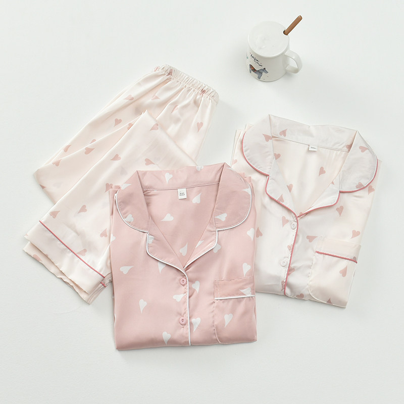 Love print pajamas women's spring and autumn ice silk thin section simulation silk long-sleeved trousers lapel home service two-piece set