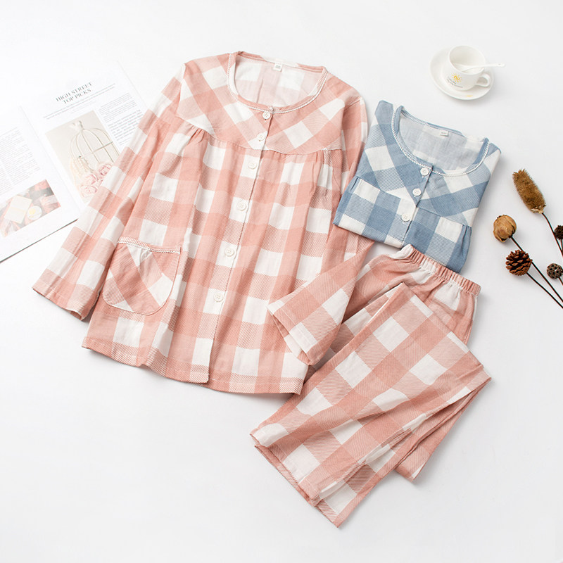 Grid Control Recommendation Day Department Pure Cotton Pyjamas Woman Long Sleeve Fall Gauze Round Collar Loose Spring Autumn Home Suit Suit