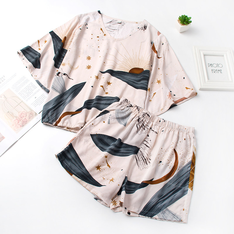 Large Printed Beauty Fried Sky Sleepwear Woman Summer Short Sleeve Shorts Two Sets Loose Thin Cotton Silk Artificial Cotton Home Clothing