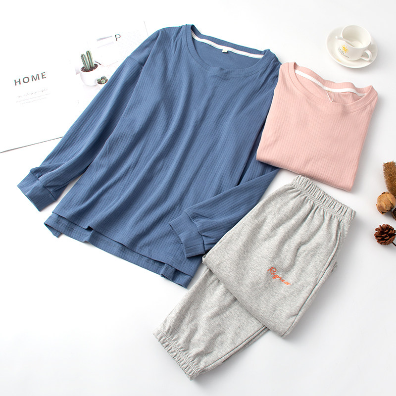 Combed Cotton Pyjamas Woman Spring Autumn Long Sleeve Pure Cotton Round Collar Loose Day Ensemble can be worn out of autumn and winter All cotton Home Residence Suit Suit