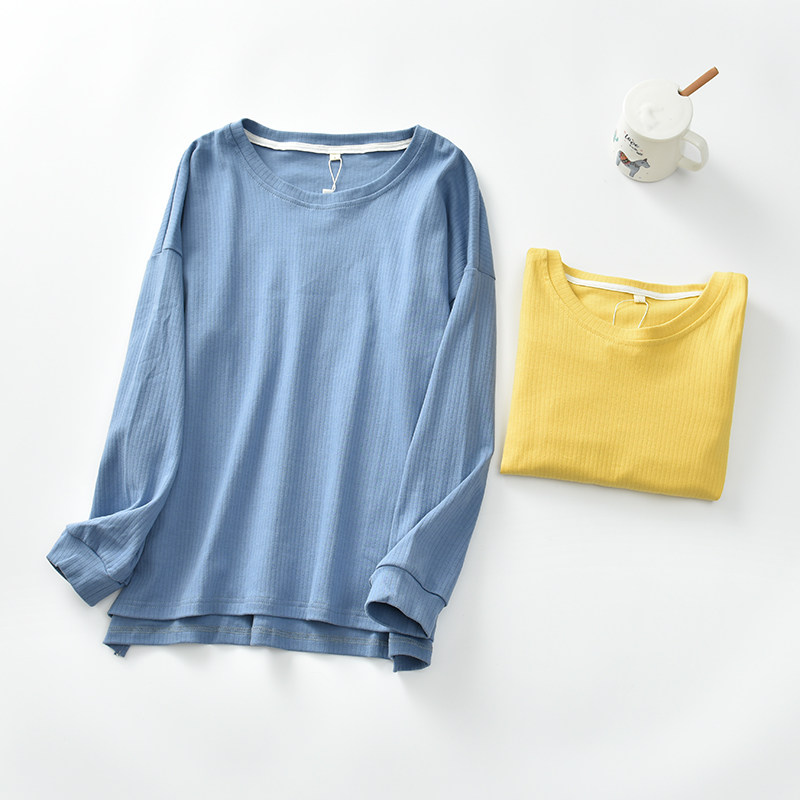 Good Conscience ~ Combed Cotton Pyjamas Woman Spring Autumn Long Sleeves Pure Cotton Loose Single single jacket Japanese Round Collar Household Clothes