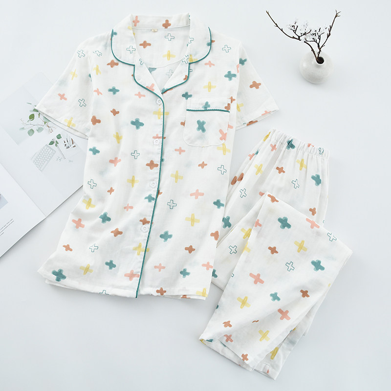 Word of mouth series cotton gauze pajamas women's summer short-sleeved trousers Japanese cardigan loose can be worn outside home clothes