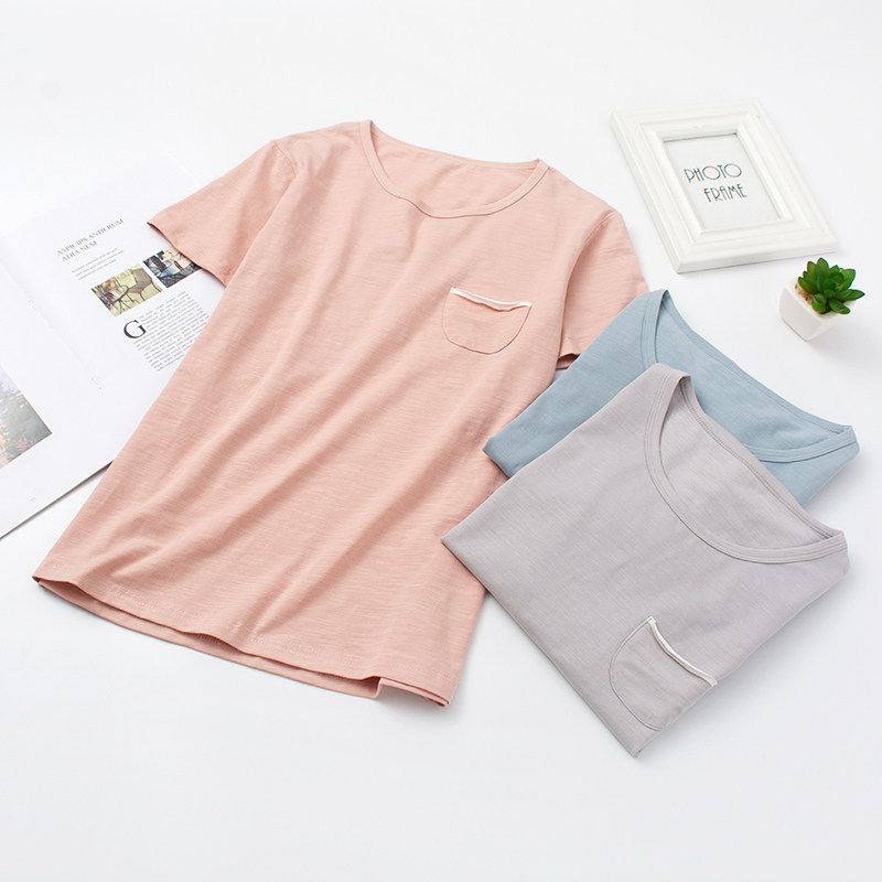 Short-sleeved T-shirt women's summer pajamas cotton thin home wear base shirt Japanese solid color one-piece coat home wear