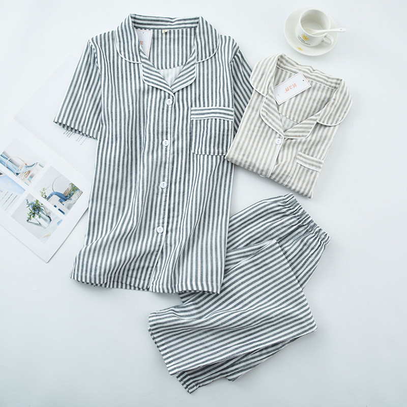 Stripe Control Day Series Short Sleeves Long Pants Pyjamas Summer Thin pure cotton cotton cloth male and female lovers' home conserved suit