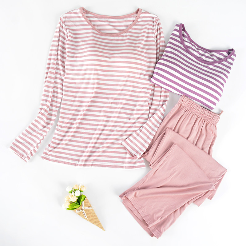Model Pajamas Lady two long sleeves spring and autumn with bra-free bra cup in one loose large size home suit
