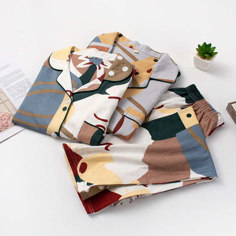 Creative Graffiti Lovers Pyjamas Pure Cotton Spring Autumn Men And Women Long Sleeves Loose Cardiovert Full Cotton Exterior Wear Home Suits Suit