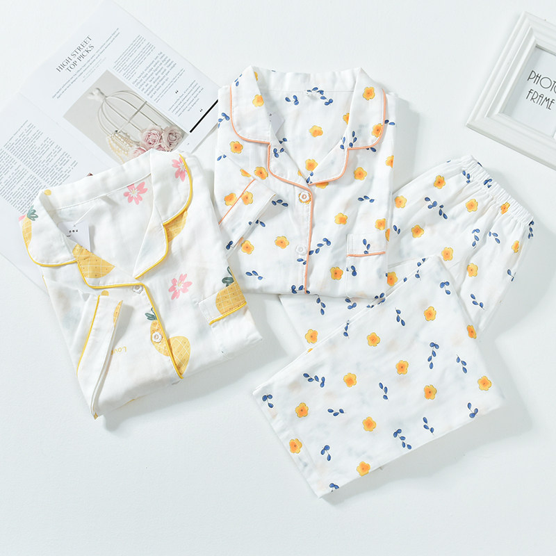 Day Department Gauze Pajamas Woman Summer Short Sleeve Long Pants Two Sets Pure Cotton Double Layer Breathable Loose Summer Full Cotton Home Clothing