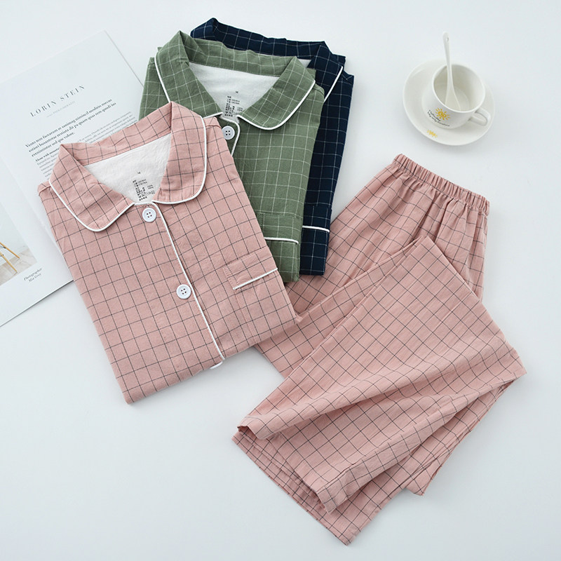It is recommended that woven cotton pajamas female summer sleeve cotton spring and autumn thin day - set suit for men's home suit