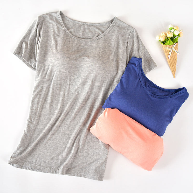 Short-sleeved T-shirt with chest pad Women's Summerdale bra-free cup one-piece base shirt sports yoga pajamas single piece