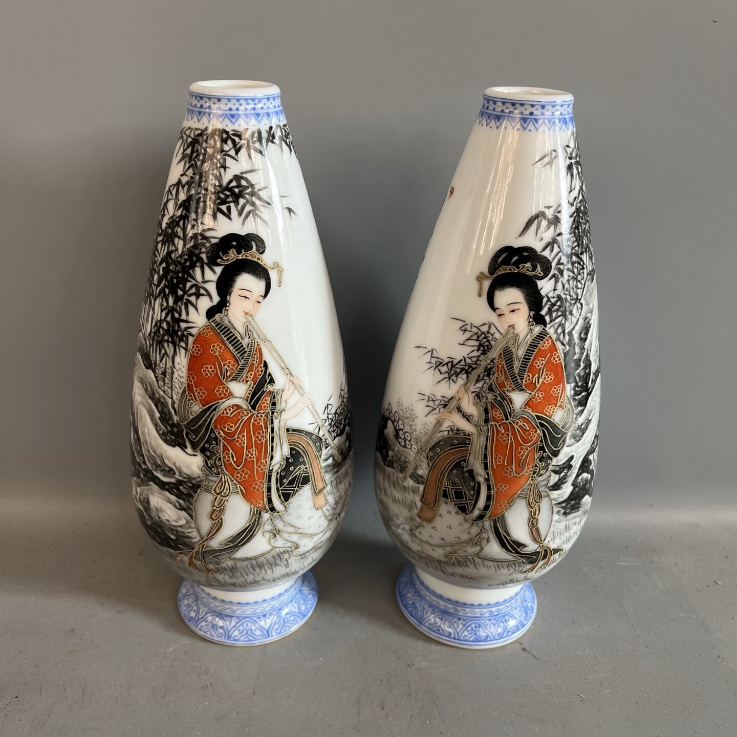 景德镇周湘浦墨彩手绘描金【美女人物】花瓶一对，玉米瓶，收藏-淘宝