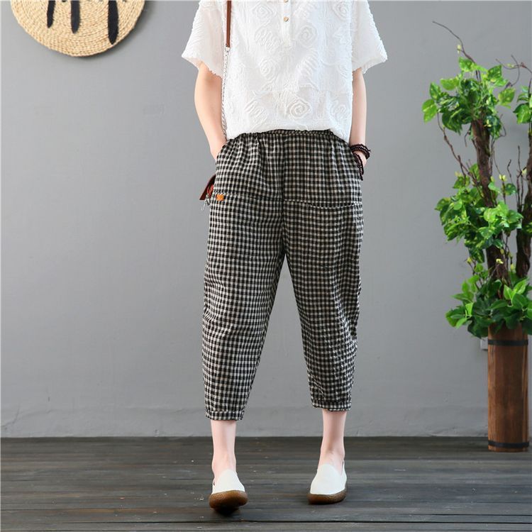 Quần cotton và vải lanh cắt quần nữ Xia Wenyi retro lỏng và mỏng kẻ sọc thường xuyên quần harem quần lanh chân quần củ cải - Quần Harem